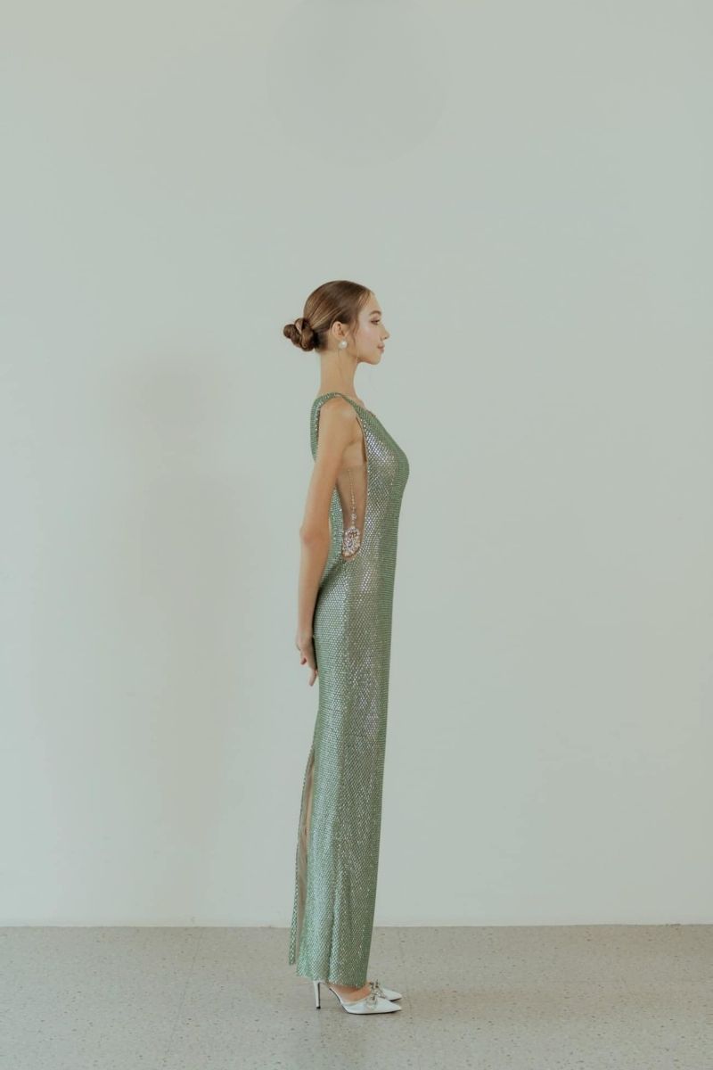 SLAY GREEN CRYSTAL BEADED MAXI DRESS - CULT MIA