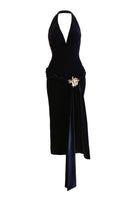 Black mystery midi dress by Do Long featuring a sleek, fitted silhouette and elegant midi length, perfect for evening wear.