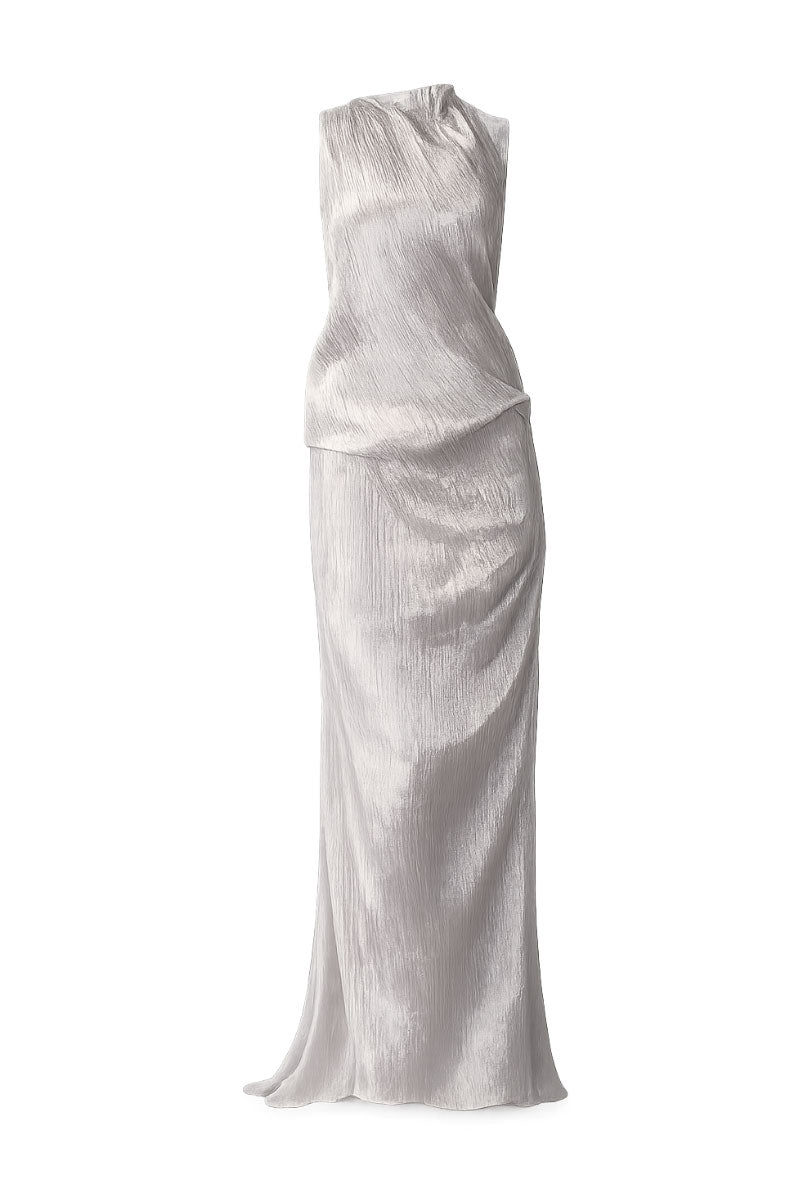 Silver Sand gown by LeCIa, elegant silver maxi dress with flowing fabric and subtle shimmer, perfect for formal occasions.