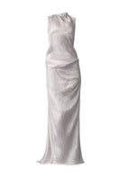 Silver Sand gown by LeCIa, elegant silver maxi dress with flowing fabric and subtle shimmer, perfect for formal occasions.