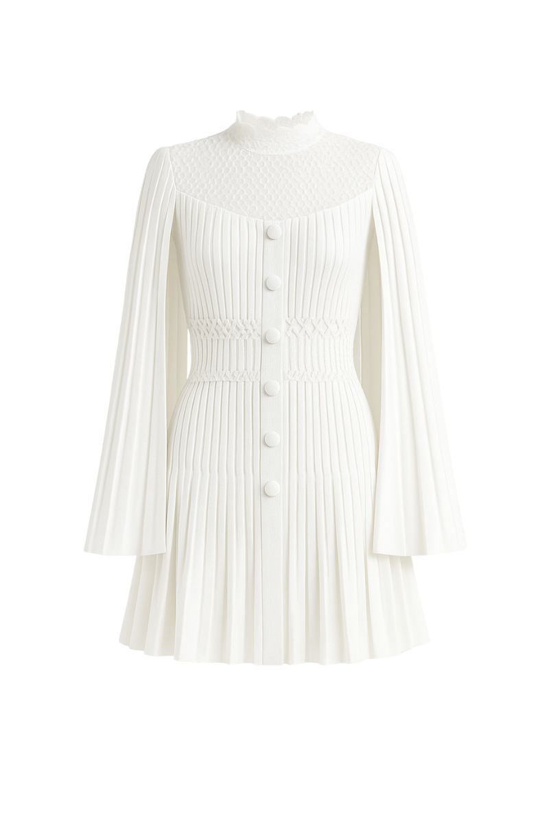 TWEED HIGH-NECK A-LINE MINI DRESS IN WHITE