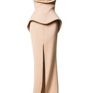 Golden beige peplum trumpet beaded gown by Phan Huy featuring intricate beadwork and a fitted silhouette for elegant occasions.