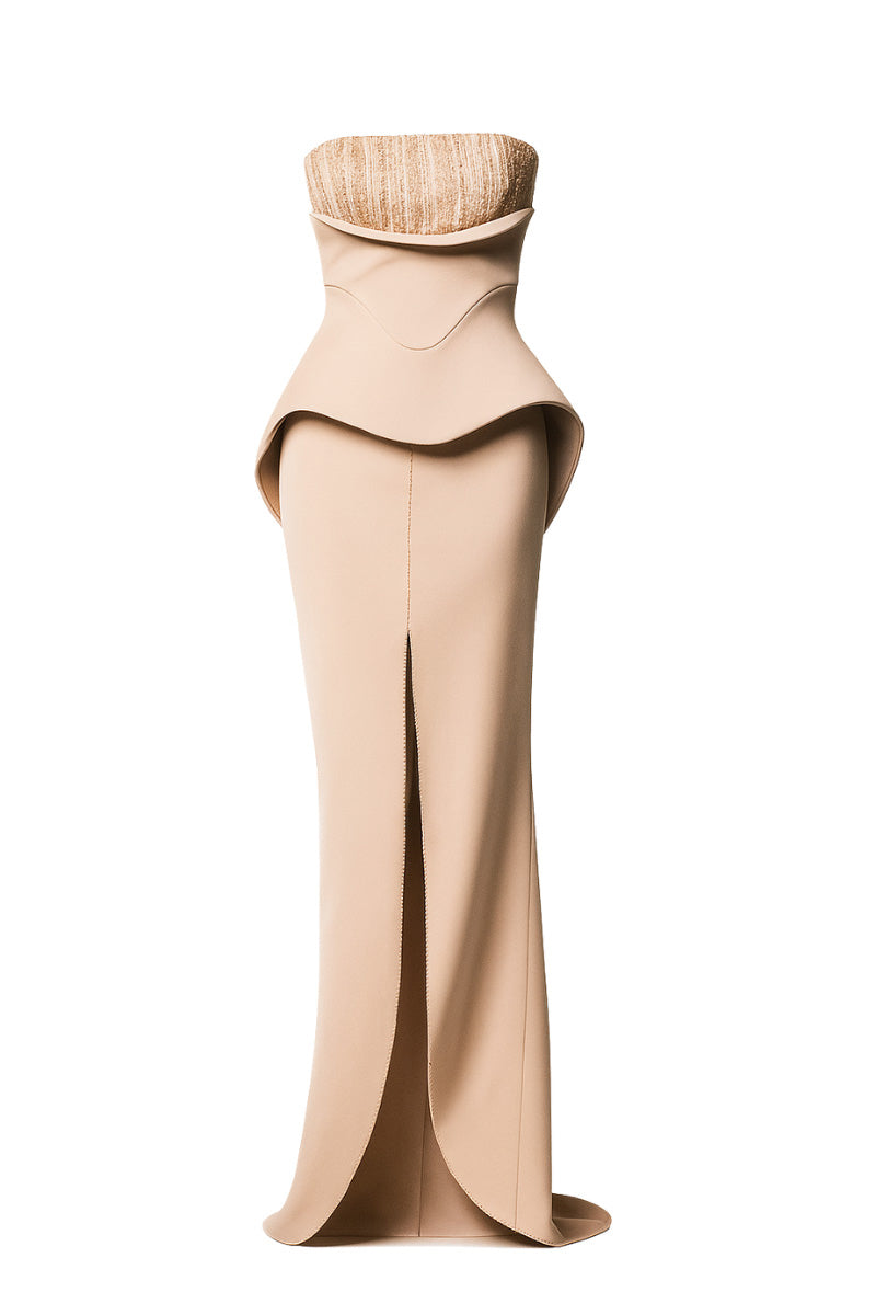 GOLDEN BEIGE PEPLUM TRUMPET BEADED DRESS | CULT MIA