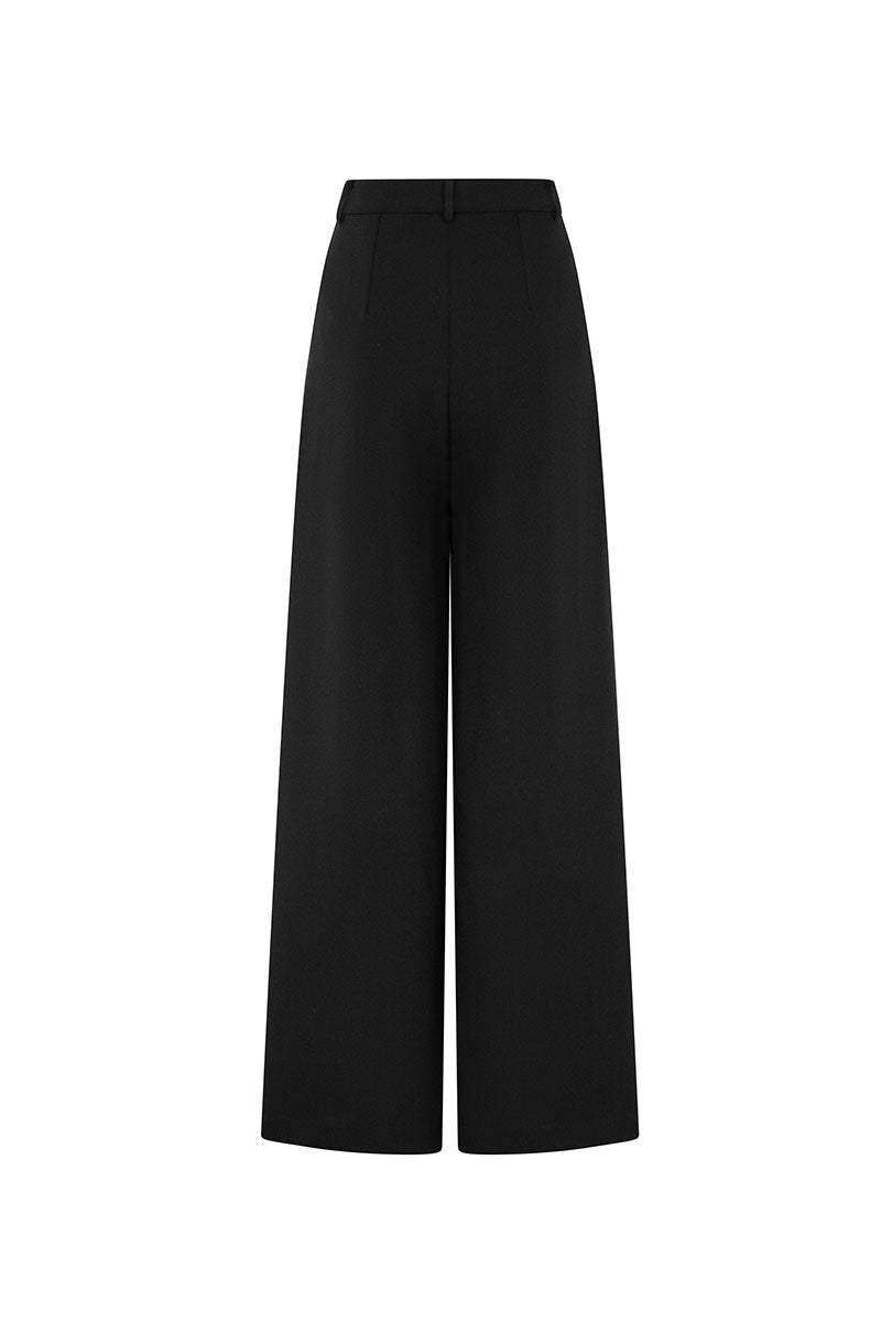 Black wide leg trousers by Valenciani, stylish pants with a relaxed fit and flowing silhouette, displayed on a neutral background.