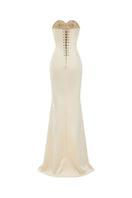 Elegant satin crystal gown by CEM featuring a flowing silhouette, shimmering fabric, and intricate crystal embellishments.