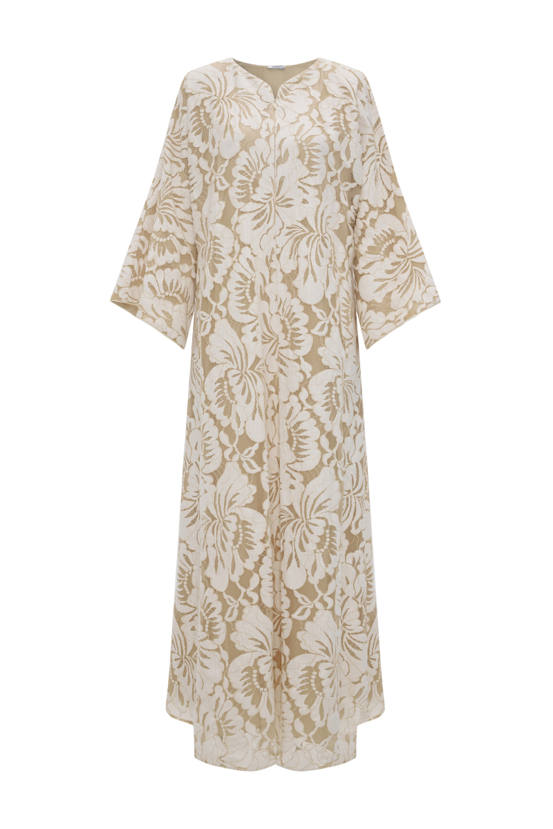 Bocan Couture Estara long zippered maxi dress with beige lace, featuring a fitted silhouette and elegant design.
