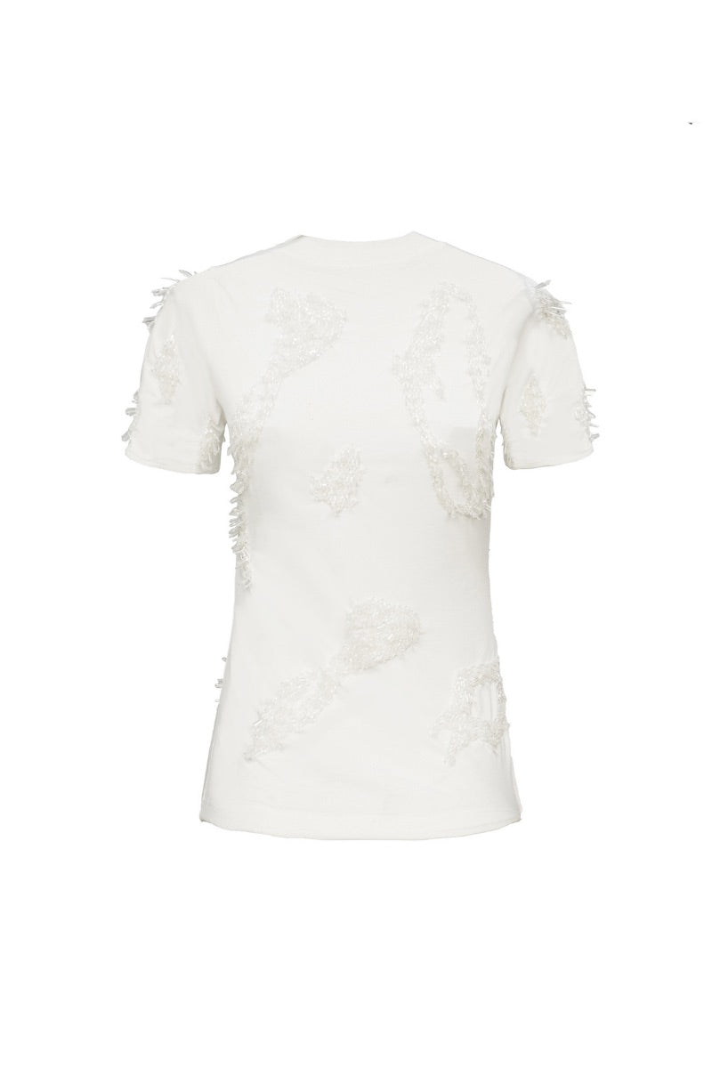 White ZUSI T-shirt by Onalaja, showcasing a casual tops design with a comfortable fit and minimalist style.