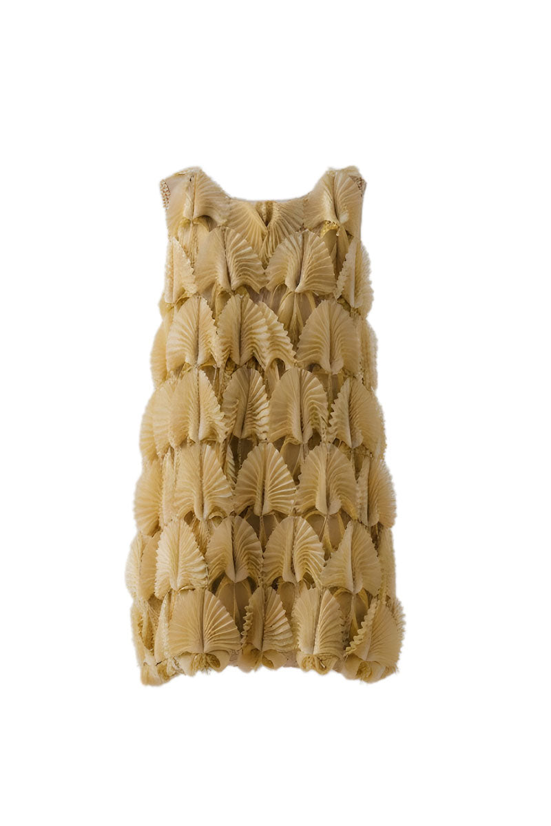 Mustard textured sleeveless mini dress by DOC BAN, featuring a fitted silhouette and stylish design in a close-up image.