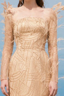 Elegant EMILY Crystal Lace Feather Gown by 21Six featuring intricate lace details and feather accents for a stylish evening look.