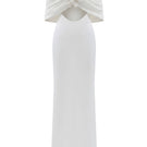 White Plan Isolde draped maxi dress, flowing fabric with elegant design, displayed on a hanger against a neutral background.