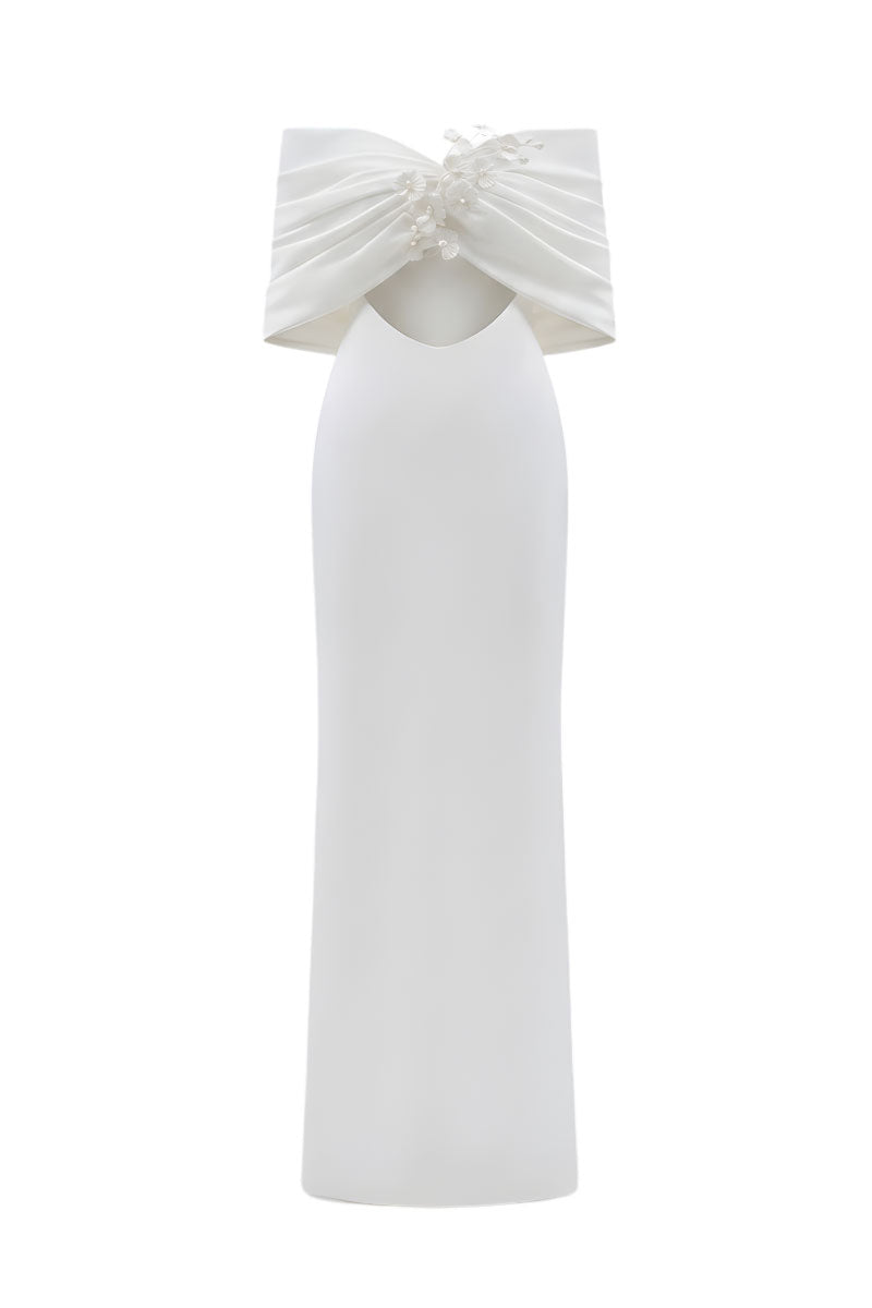 White Plan Isolde draped maxi dress featuring flowing fabric and elegant design, perfect for stylish summer wear.