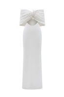 White Plan Isolde draped maxi dress, flowing fabric with elegant design, displayed on a hanger against a neutral background.