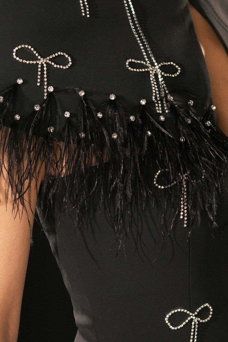 BLACK SPARKLY MAXI DRESS WITH FEATHERS - CULT MIA