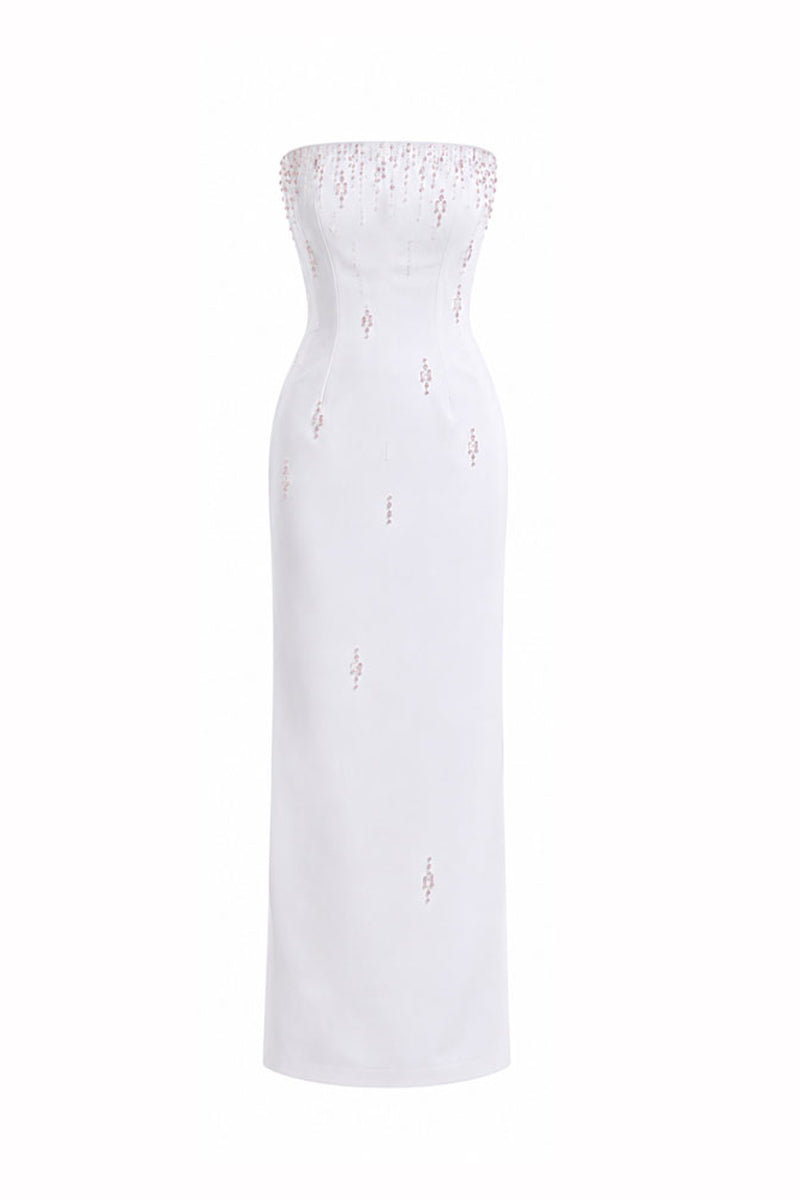 HACCHIC COUTURE Celeste Pearl Column Dress in ivory, midi length with elegant pearl details and fitted silhouette.