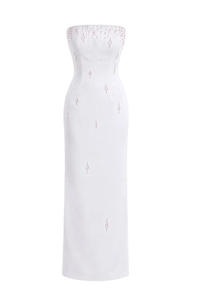 HACCHIC COUTURE Celeste Pearl Ivory Column Gown, elegant floor-length dress with pearl embellishments and a fitted silhouette.
