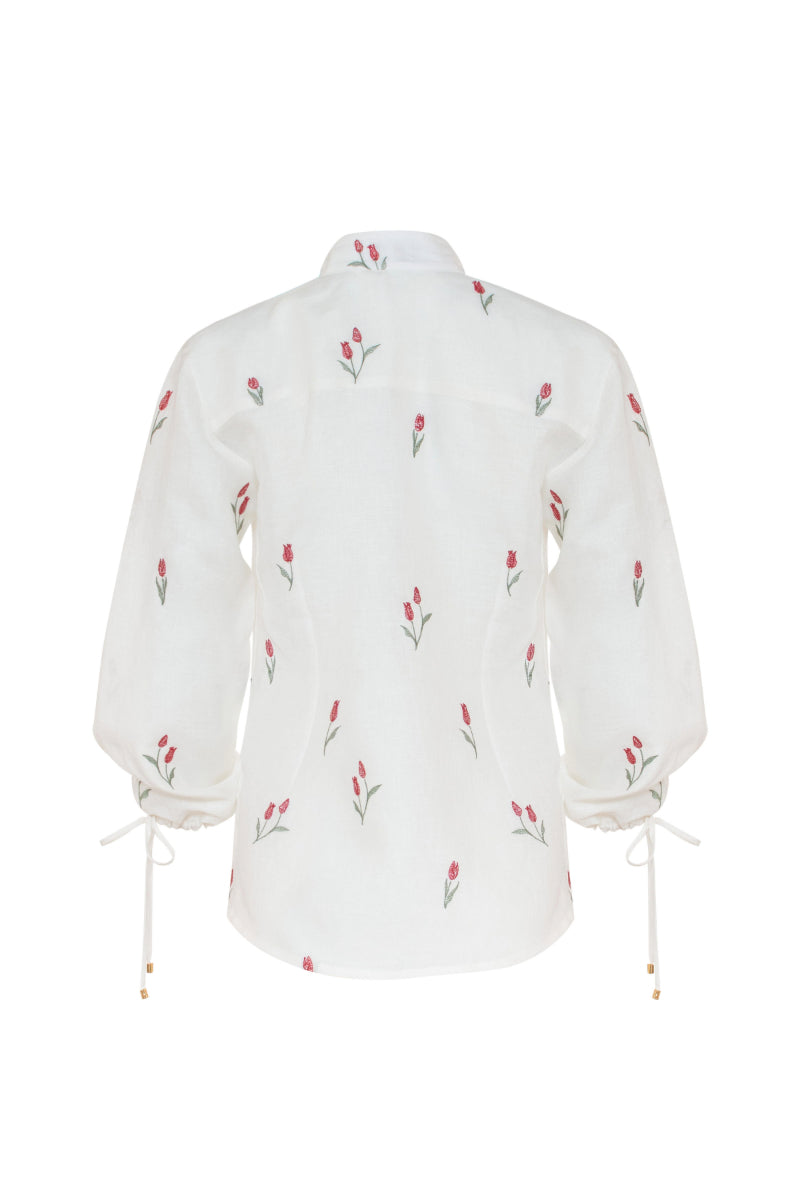 Estefania ivory tulip long sleeve shirt with a relaxed fit and floral tulip design, perfect for elegant casual wear.