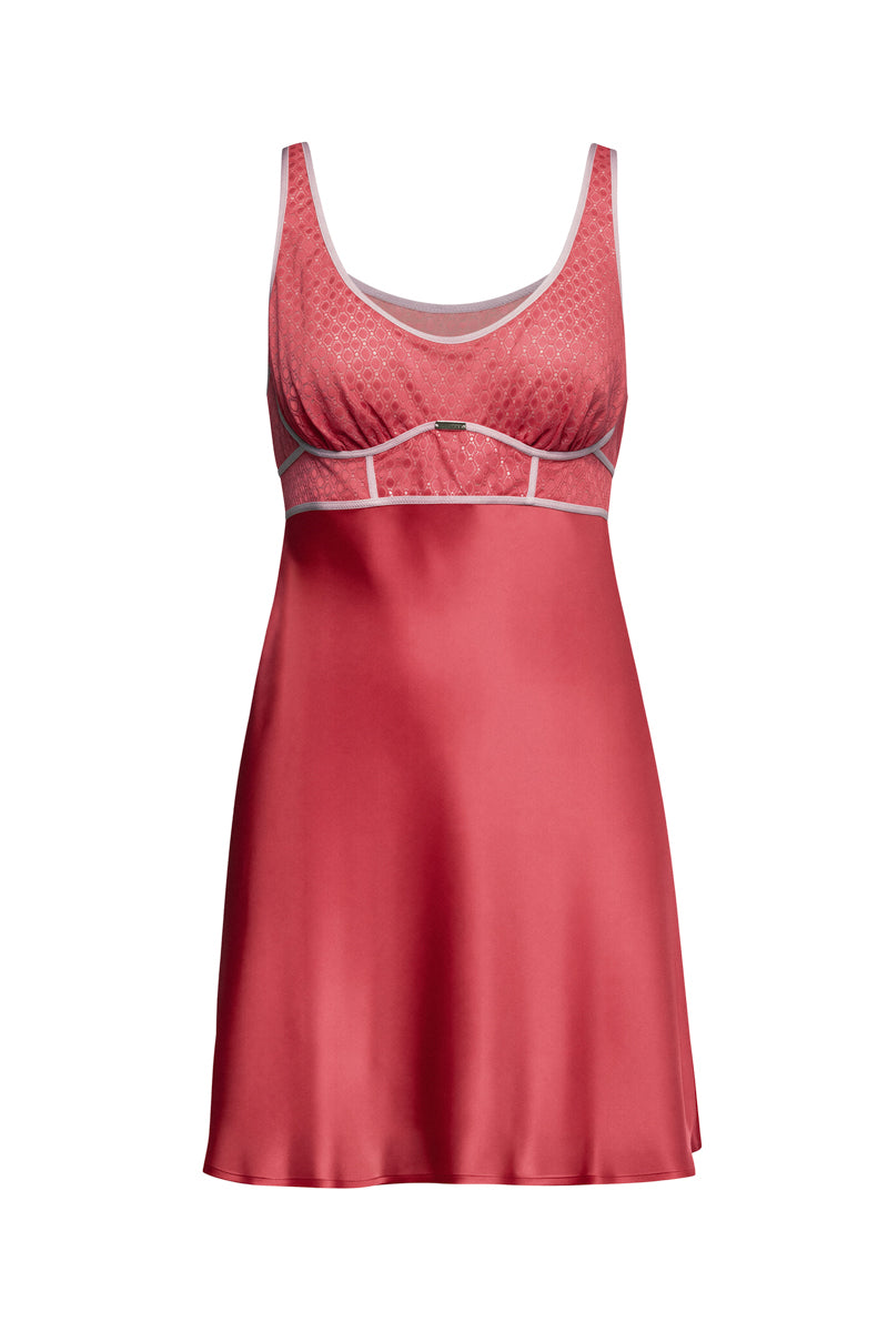 NK IMODE Melody Self-Indulge cherry bust-support chemise, a silky nightgown with lace details and adjustable straps.