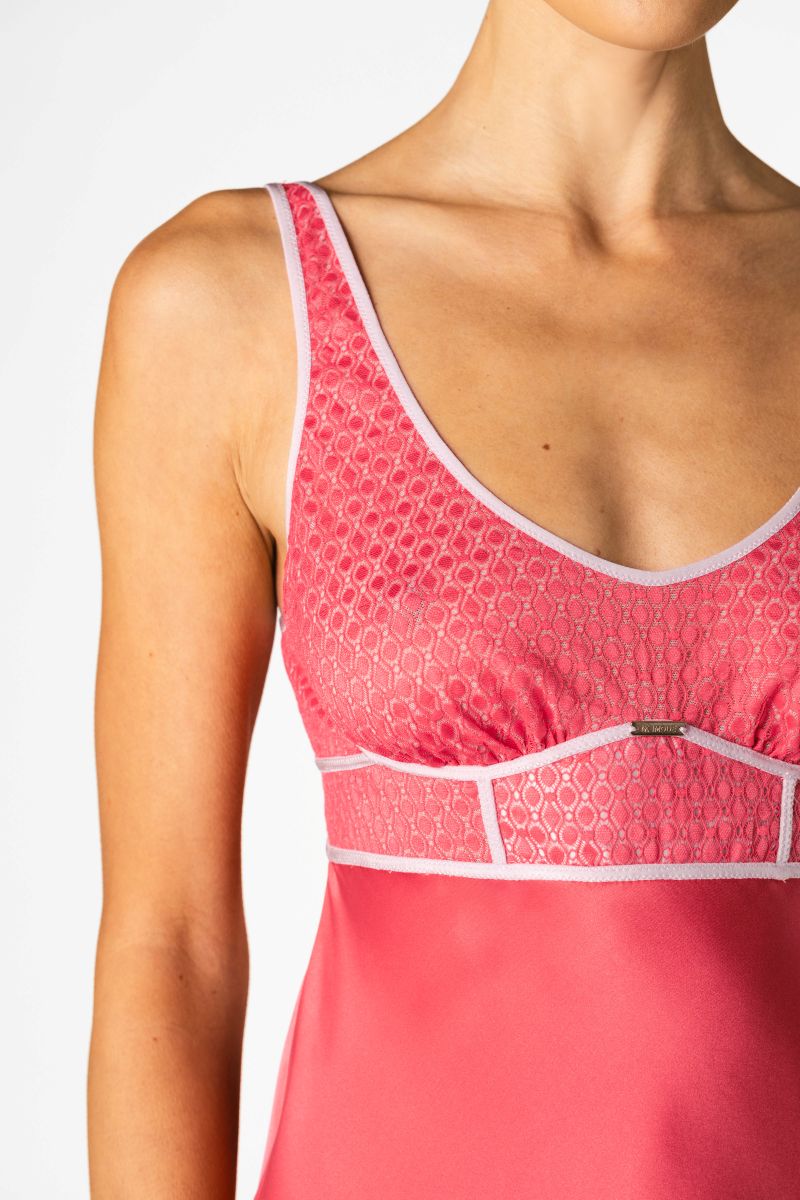 NK IMODE Melody Self-Indulge cherry bust-support chemise, elegant nightgown with lace details and satin finish, shown on a model.