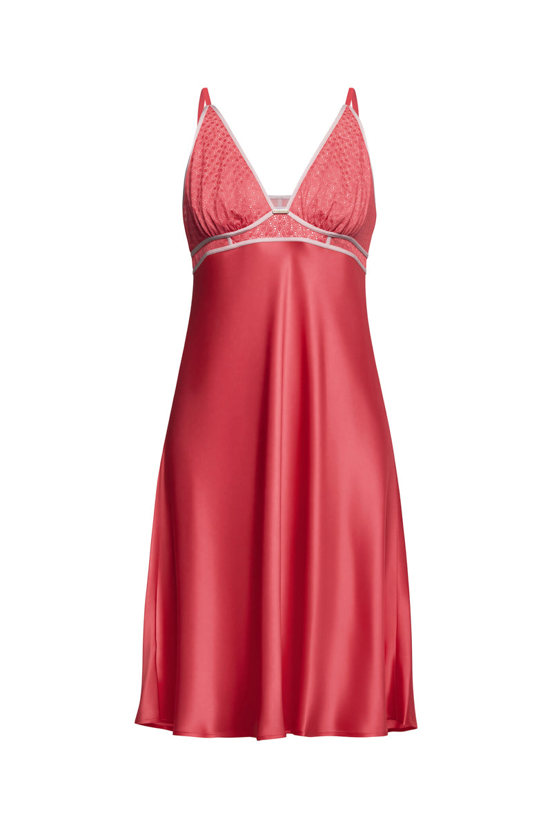 NK IMODE Melody Self-Indulge bust-support slip in cherry, elegant nightgown with lace details and adjustable straps.