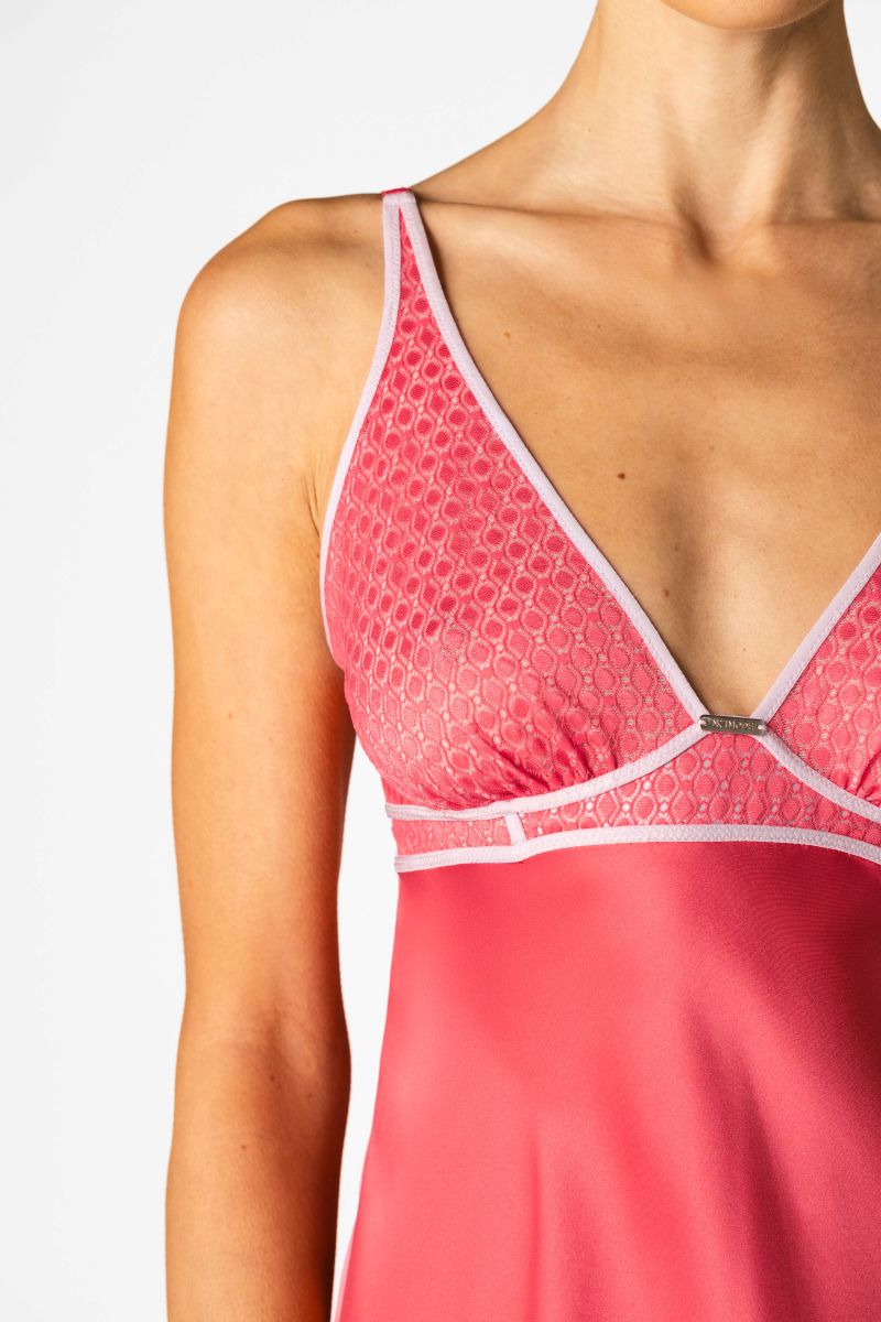 NK IMODE Melody Self-Indulge cherry bust-support slip nightgown with lace details, sleeveless design, and satin finish.