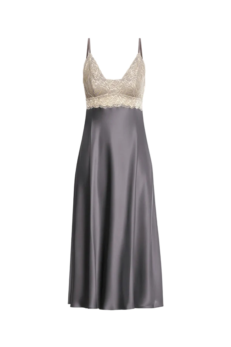 NK IMODE MARGAUX sophisticated sensual long nightgown in Wet Sand, showing elegant fabric and flowing design.