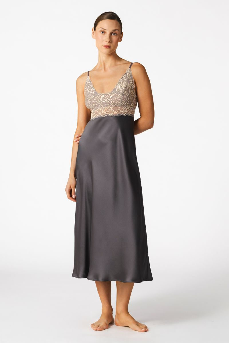 NK IMODE Margaux sophisticated sensual long nightgown in wet sand color, flowing fabric and elegant design, close-up view.