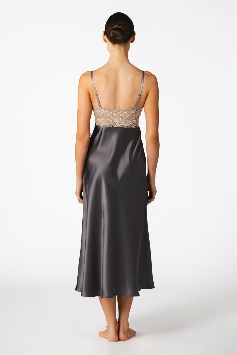 NK IMODE MARGAUX sophisticated sensual long nightgown in wet sand color, flowing fabric, elegant design, and flattering fit.