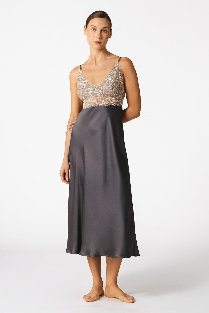 NK IMODE MARGAUX long nightgown in Wet Sand color, featuring a sophisticated, sensual design with elegant fabric and flowing fit.