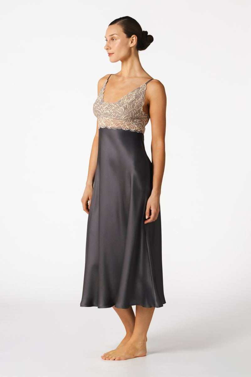 NK IMODE MARGAUX long nightgown in Wet Sand, featuring a sophisticated, sensual design with flowing fabric and elegant details.