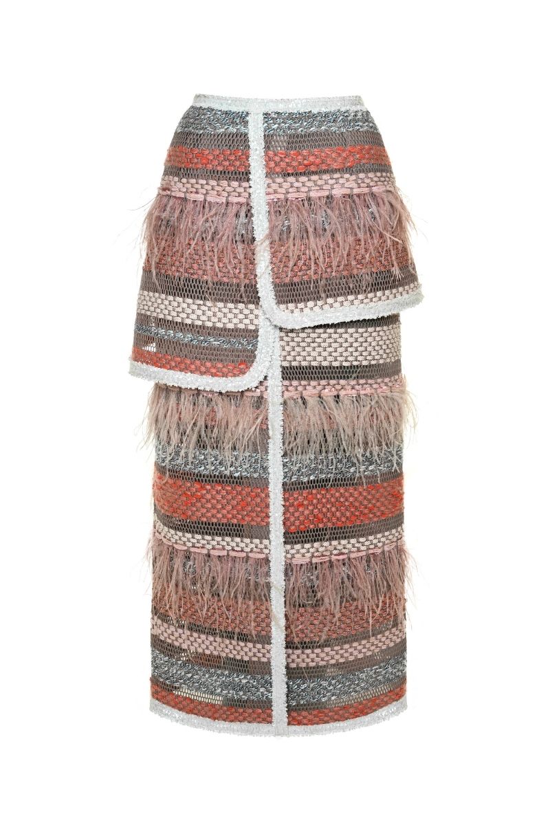 Lalo Avril maxi skirt in red multi with flowing fabric and colorful pattern, stylish and comfortable for casual or dressy wear.