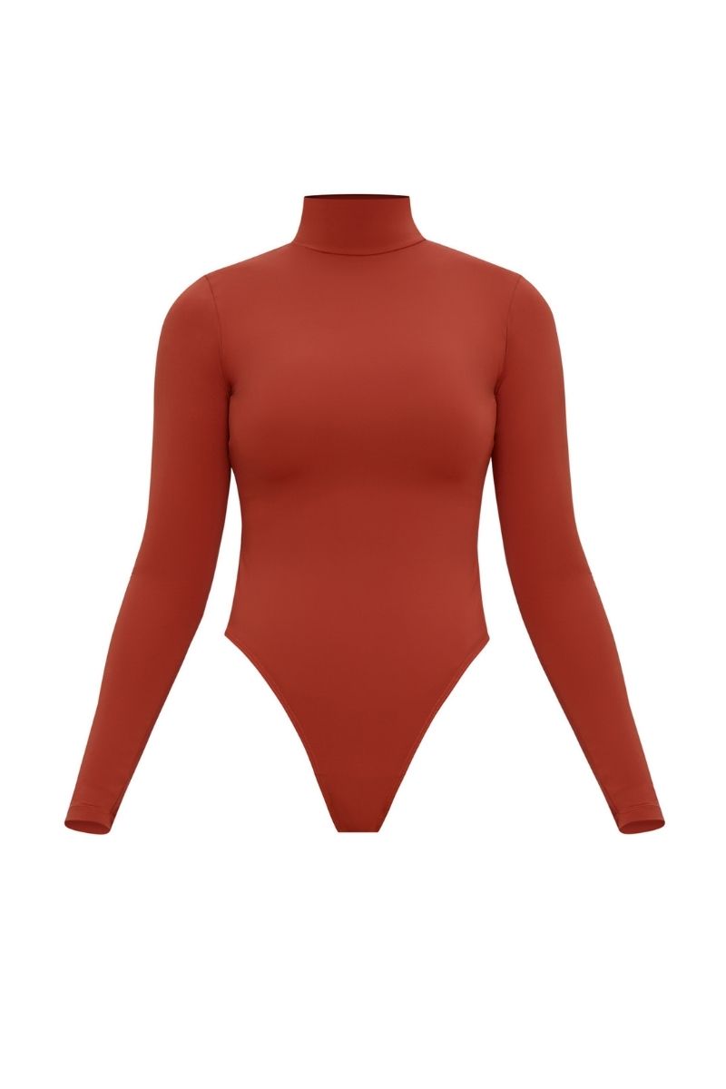 COLLO TURTLENECK MESH BODYSUIT IN PUMPKIN - CULT MIA