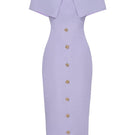 Pastel violet off-shoulder pencil midi dress from HACCHIC COUTURE, featuring a fitted silhouette and elegant design.