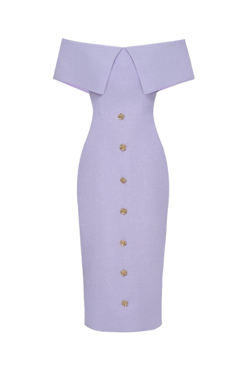 PASTEL VIOLET OFF-SHOULDER PENCIL MIDI DRESS - CULT MIA