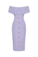 Pastel violet off-shoulder pencil midi dress from HACCHIC COUTURE, featuring a fitted silhouette and elegant design.