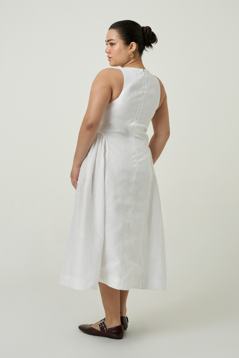 White PISA midi dress by Summer Away featuring a sleek, elegant midi-length design perfect for stylish occasions.