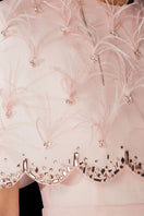 Pink sparkling organza maxi gown from Happy Clothing, featuring a flowing design with elegant ruffles and delicate detailing.