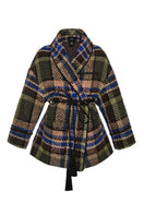 Lalo oversized tweed jacket in multi-color pattern with wide lapels and relaxed fit, styled on a hanger against a neutral background.