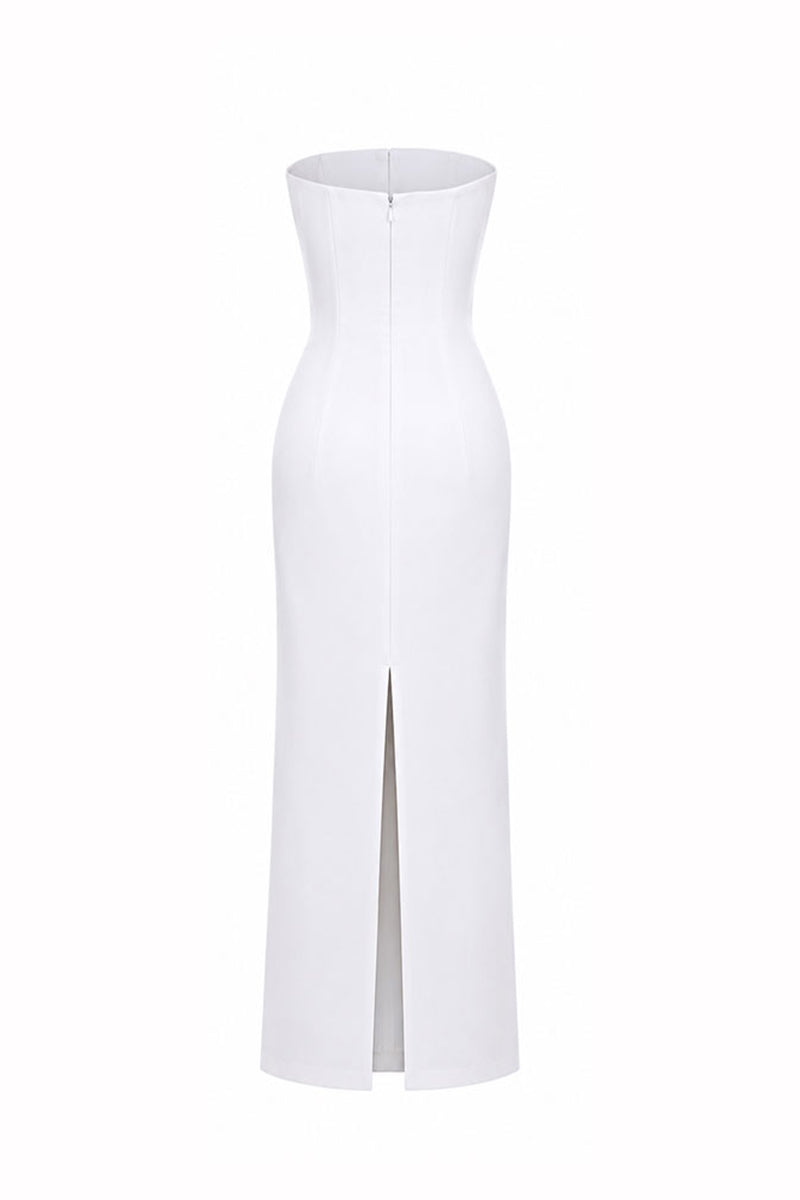HACCHIC COUTURE Celeste Pearl Ivory Column Midi Dress featuring pearl embellishments and elegant fitted silhouette.