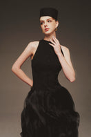 Elegant midnight blue organza gown by Margée Atelier, featuring flowing fabric and intricate detailing.