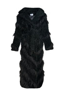 Black faux fur maxi coat with diagonal panel design by Fortini, featuring plush texture and elegant silhouette.