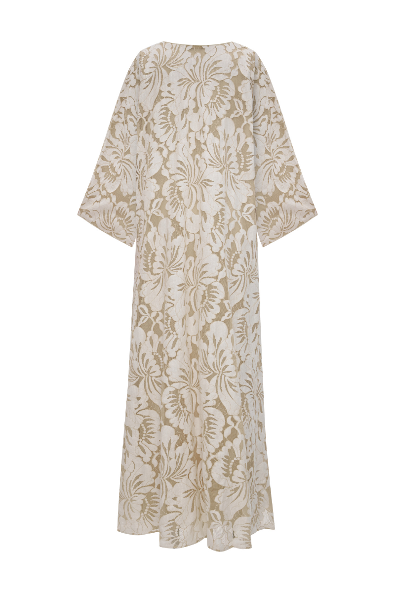 Bocan Couture Estara long zipper maxi dress with beige lace overlay and elegant design, perfect for formal occasions.