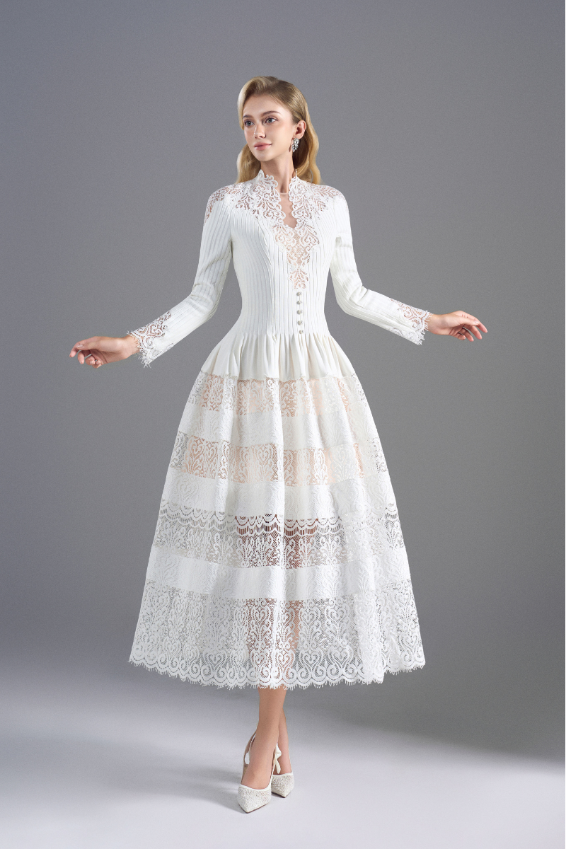 ROSEE de MATIN LACE HIGH-NECK MIDI DRESS IN White | Cult Mia ROSEE de MATIN LACE HIGH-NECK MIDI DRESS IN White | Cult Mia