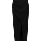 LECIA ruched slit midi skirt featuring a high waist, soft fabric, and elegant draping, shown on a neutral background.