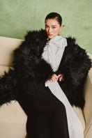 White Plan Midnight Faux Fur Coat, cozy black coat with plush faux fur texture and collar, stylish winter outerwear.