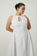 White Summer Away PISA midi dress displayed on a hanger, featuring a sleek, elegant design perfect for casual or semi-formal wear.
