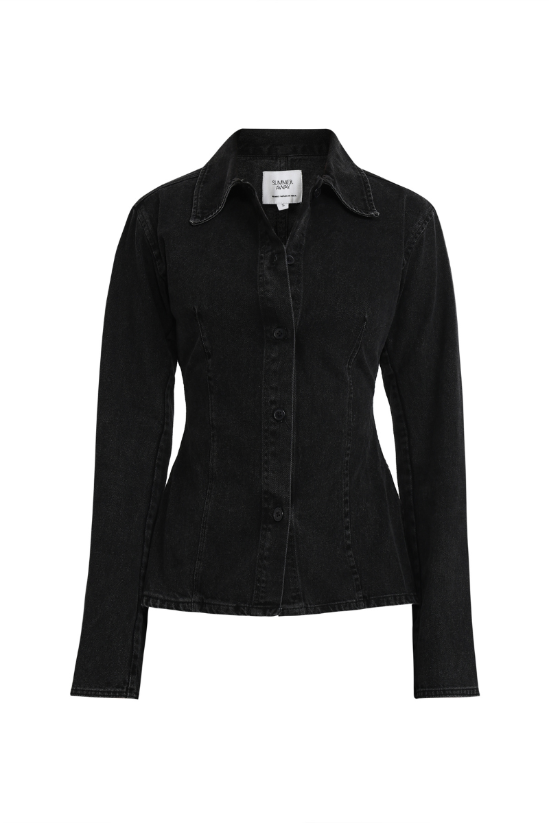 Dark denim Dalia top by Summer Away, stylish shirt with a fitted design, shown on a model with long sleeves and a casual look.