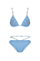 Blue sunset bird bikini set by Maliluha featuring a vibrant bird and sunset print on a stylish bikini top and bottoms.