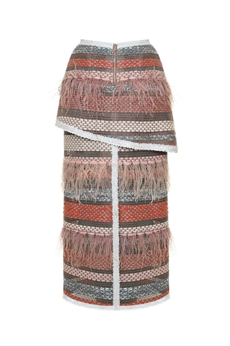 Lalo Avril maxi skirt in red multi with flowing fabric and vibrant pattern, styled for a casual or dressy look.