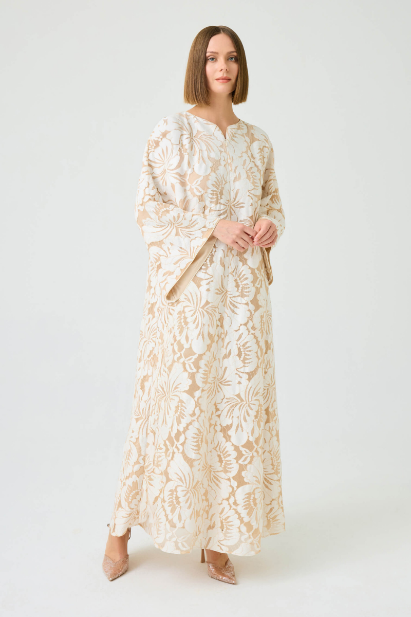 ESTARA LONG ZIPPERED DRESS WITH BEIGE LACE | CULT MIA