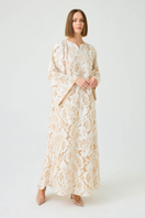 Bocan Couture Estara long zippered maxi dress with beige lace overlay, elegant floor-length evening gown, stylish and sophisticated.